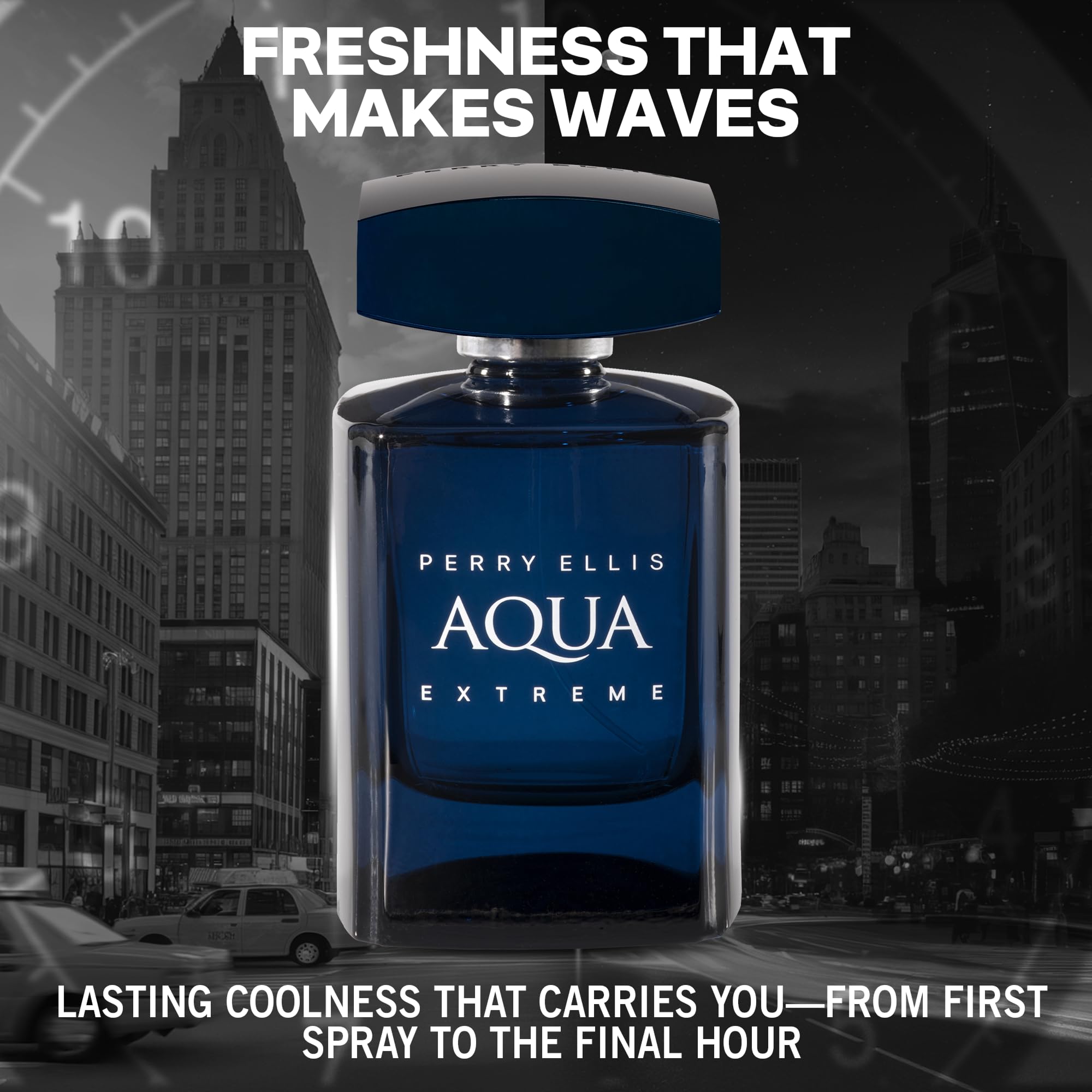 Dark blue premium glass bottle of Perry Ellis Aqua Extreme fragrance