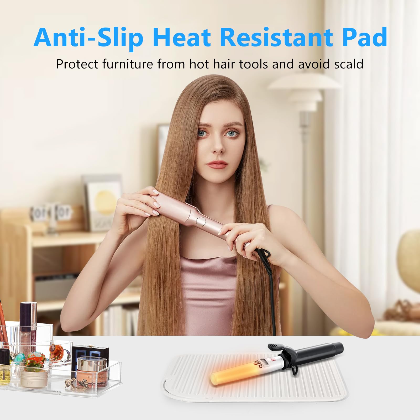 Quccefods countertop protection mat showing large dimensions holding a straightener brush