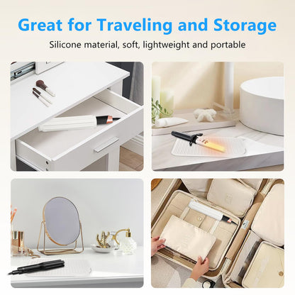 Quccefods heat proof styling pad used on a modern bathroom vanity countertop background