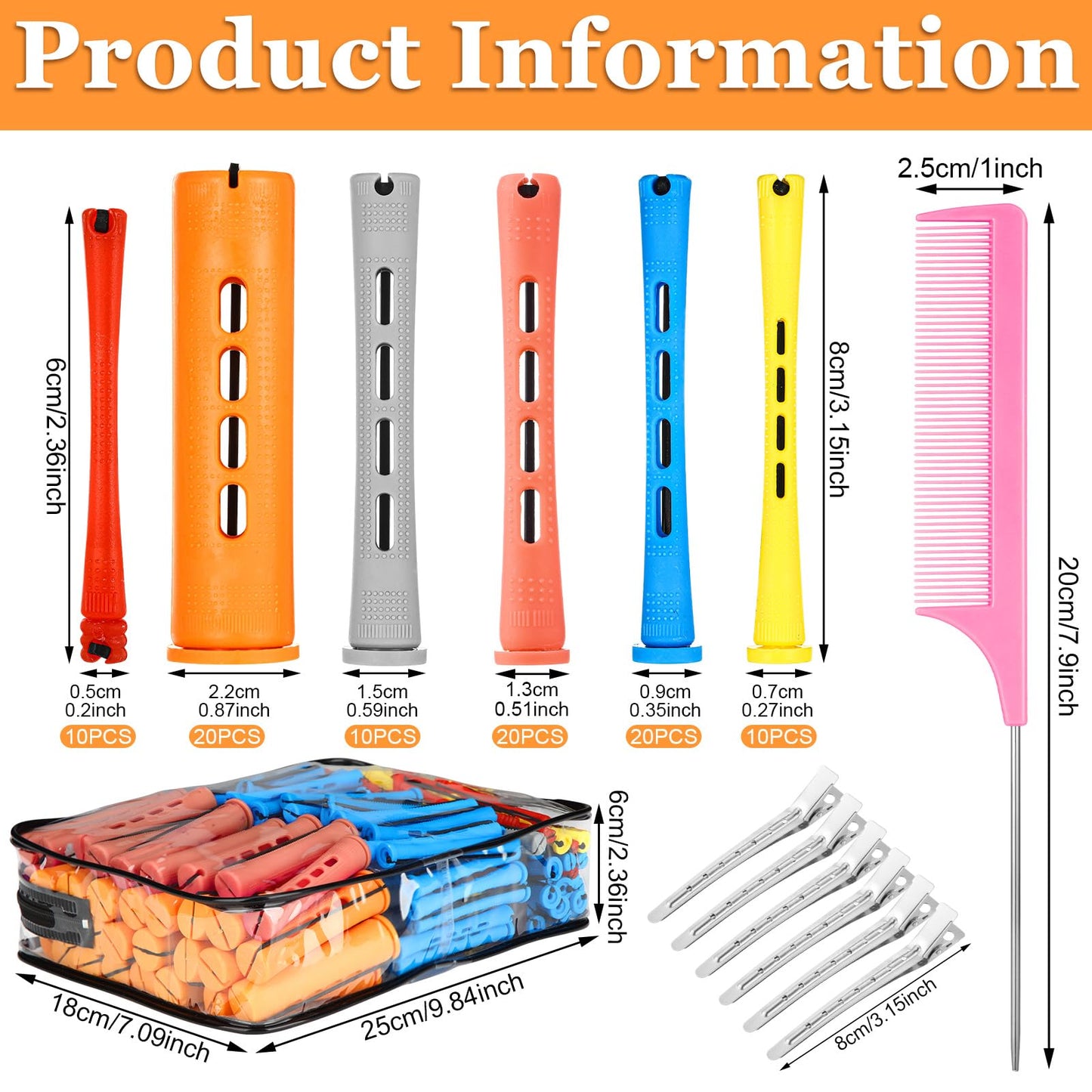 Six different sizes of ProSuites plastic hair curling rods displayed to demonstrate various diameters for heatless curling.