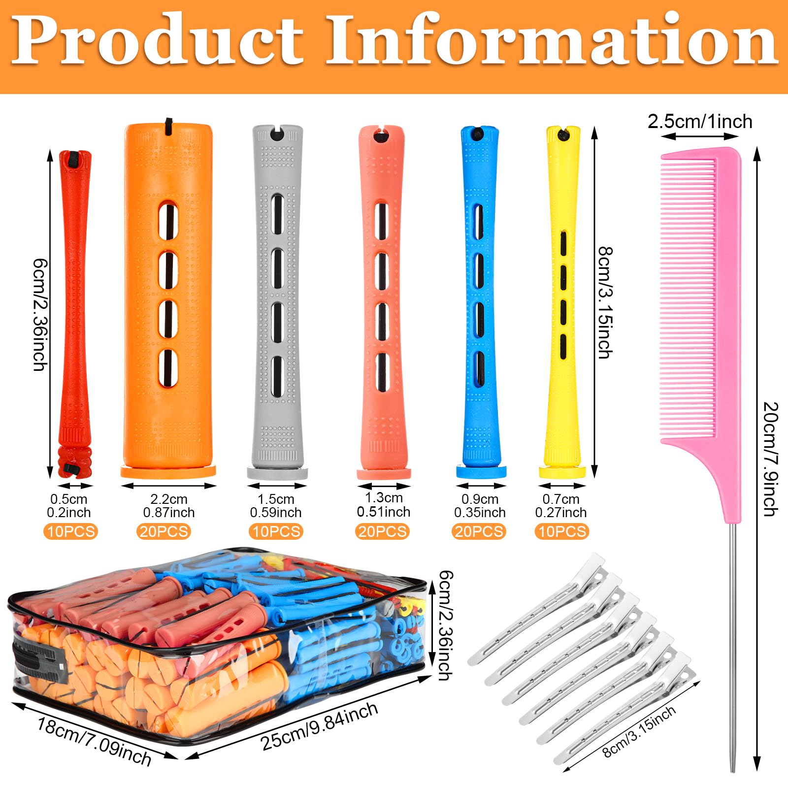 Six different sizes of ProSuites plastic hair curling rods displayed to demonstrate various diameters for heatless curling.