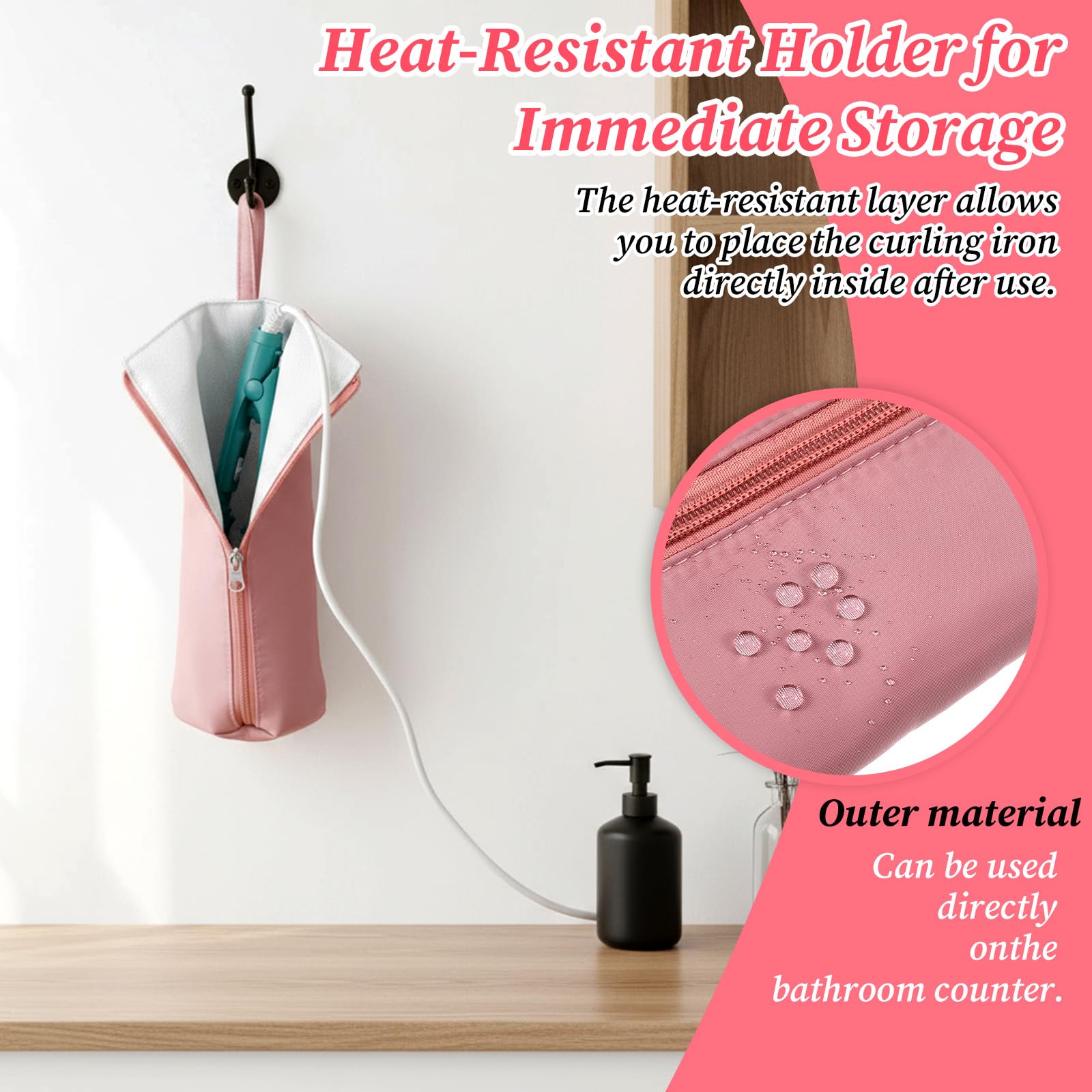 Vctitil pink hair tool storage bag showcasing the durable stitching and premium zipper pull.