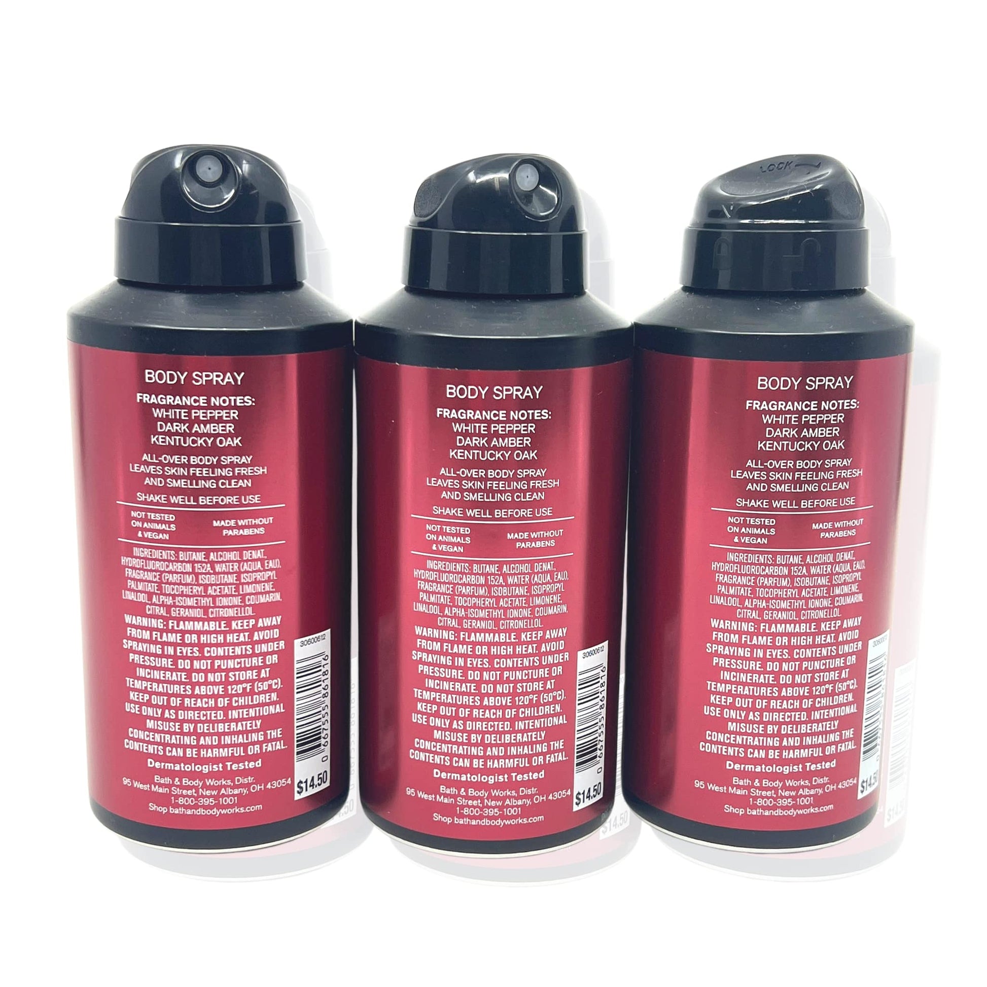 Three pack collection of Bath and Body Works Bourbon Deodorizing Men's Spray displaying authentic packaging.