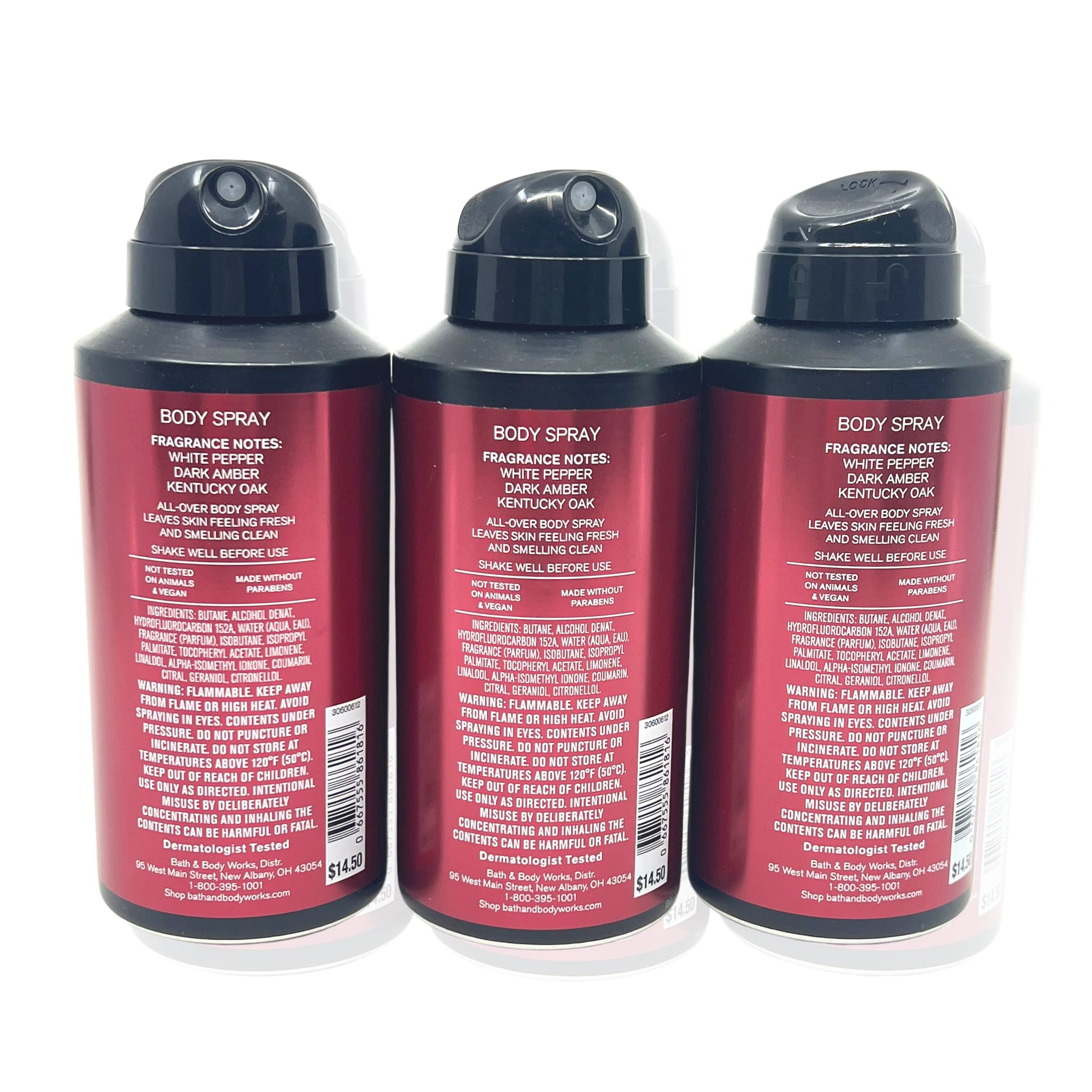 Three pack collection of Bath and Body Works Bourbon Deodorizing Men's Spray displaying authentic packaging.