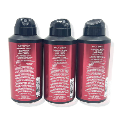 Three pack collection of Bath and Body Works Bourbon Deodorizing Men's Spray displaying authentic packaging.