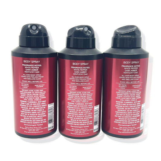 Three pack collection of Bath and Body Works Bourbon Deodorizing Men's Spray displaying authentic packaging.