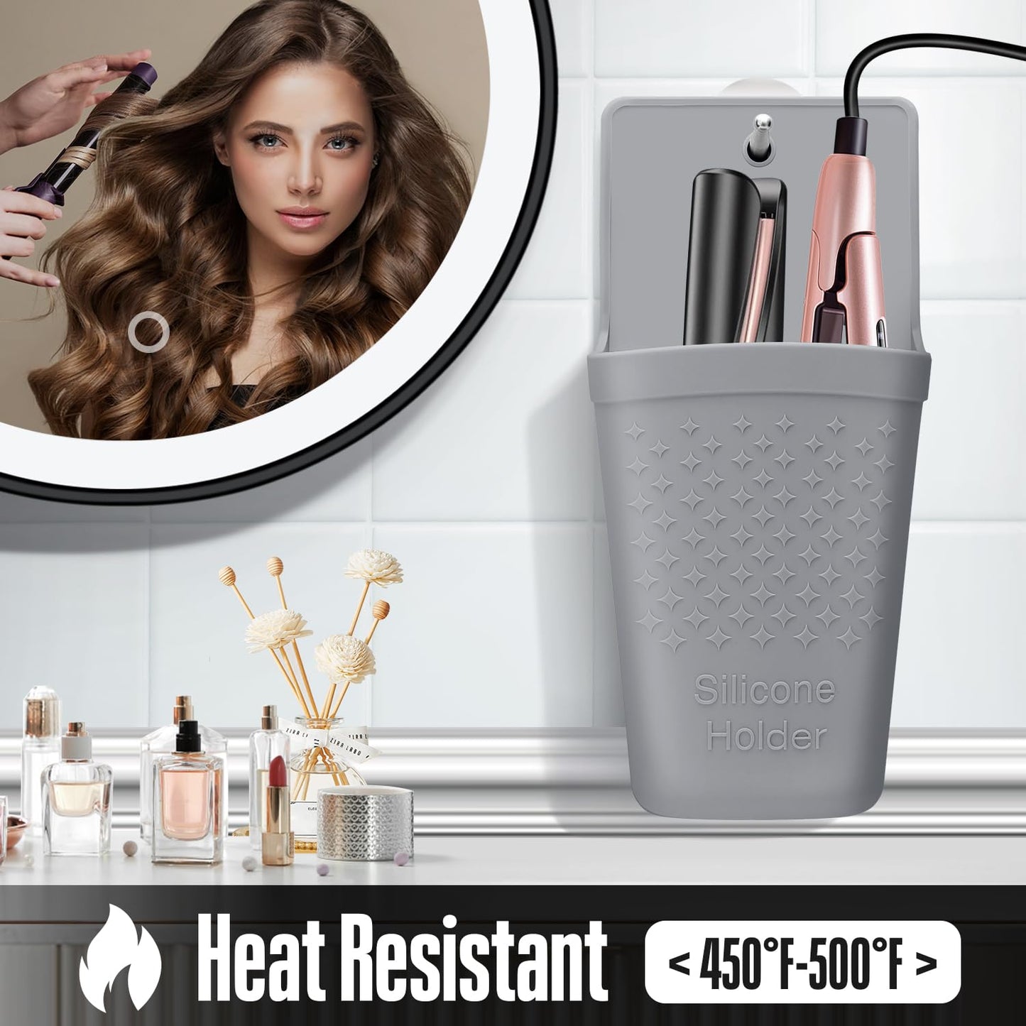 Gray silicone styling tool holder hanging vertically on dressing table wall hook
