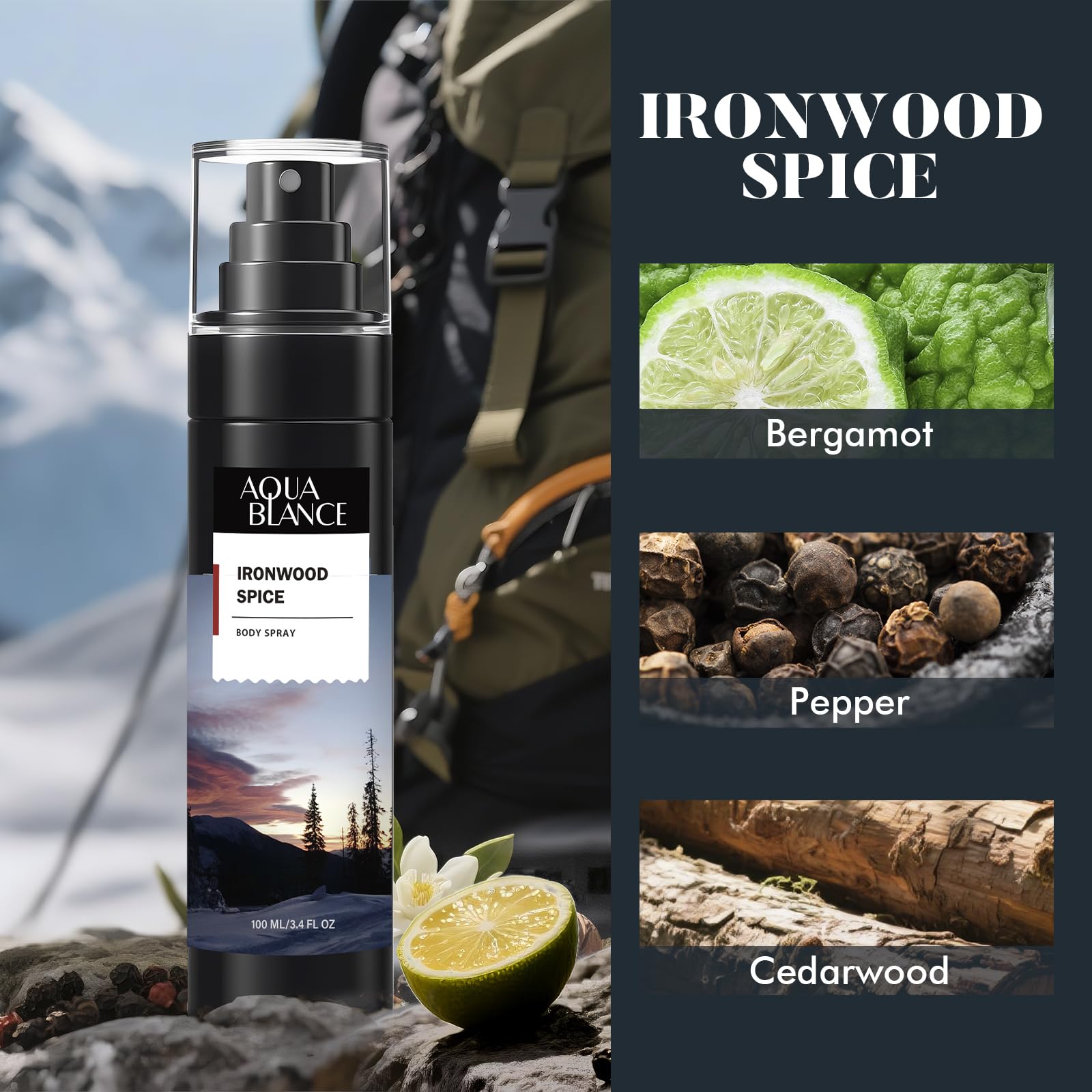 Aqua Blance Ironwood Spice body refreshing spray bottle close up highlighting its citrus and wood ingredients.