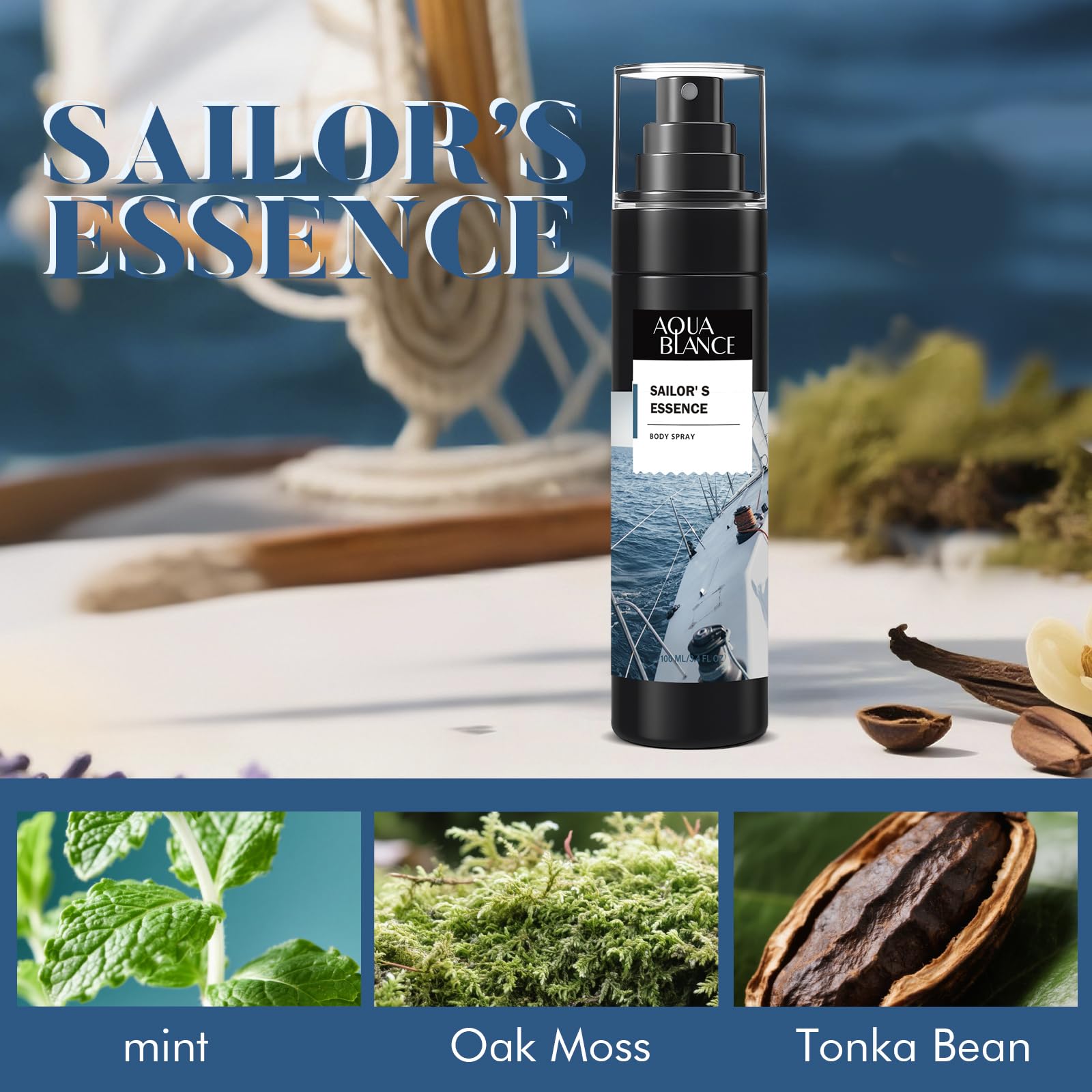 Aqua Blance Leather Citrus men body spray showcasing the sleek packaging details and ingredients list.