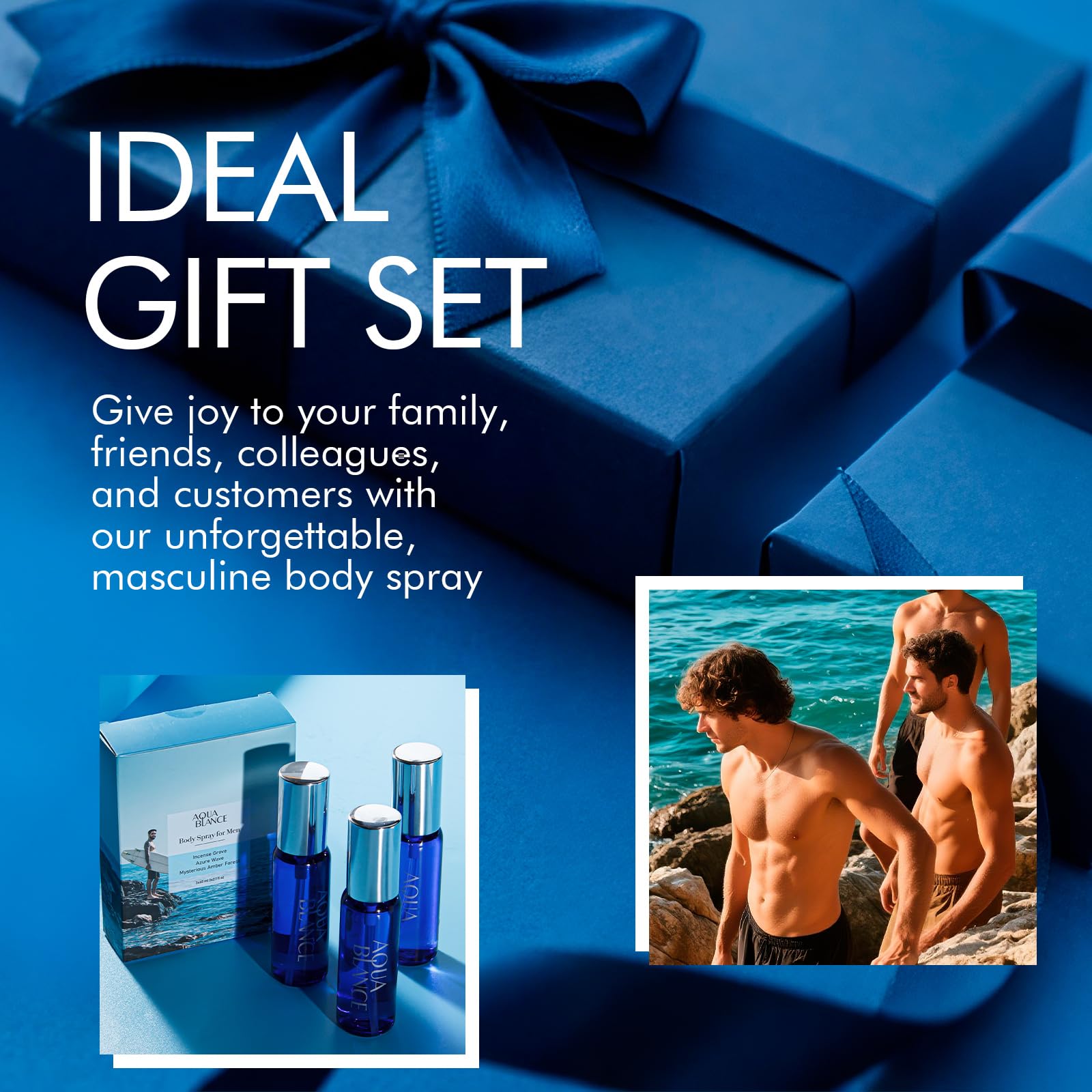 AQUA BLANCE three piece grooming gift set packaging for international travel.