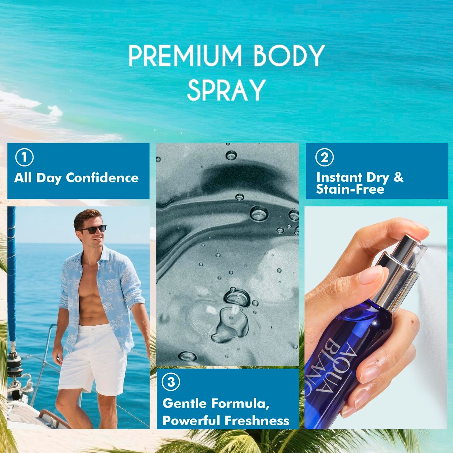 AQUA BLANCE refreshing body mist display with visible lemon and oud notes description.