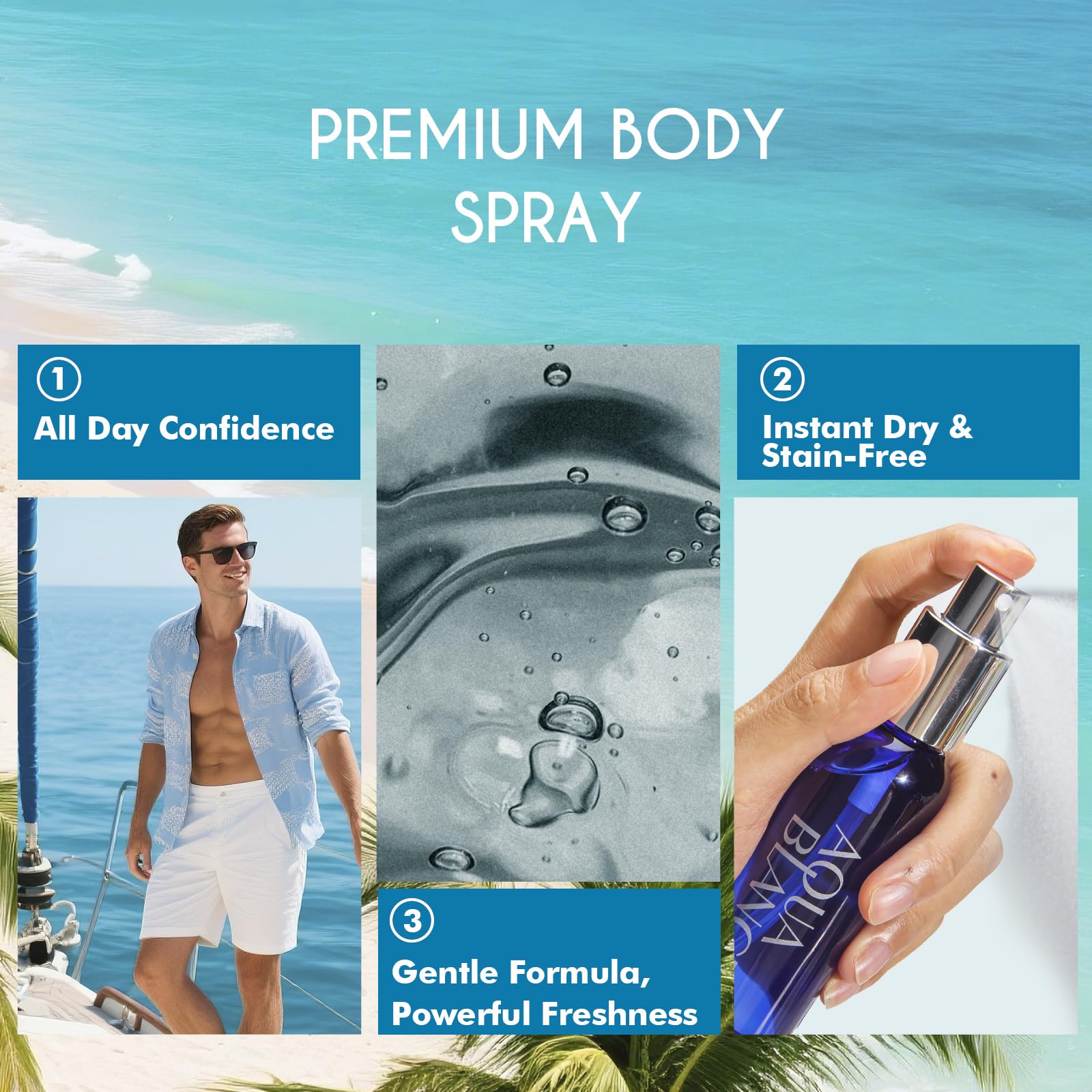 AQUA BLANCE refreshing body mist display with visible lemon and oud notes description.