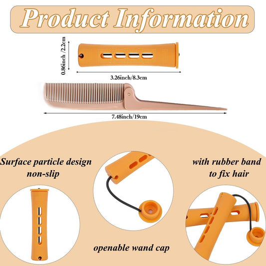 Close-up view of the durable non-slip texture and elastic rubber band closure on the orange hair curling rods.
