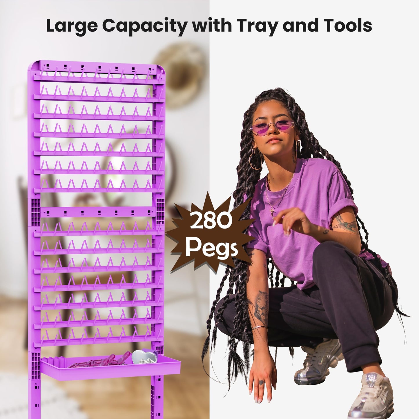 Yumkfoi mobile braid stand with wheels showing hair extensions organized on pegs