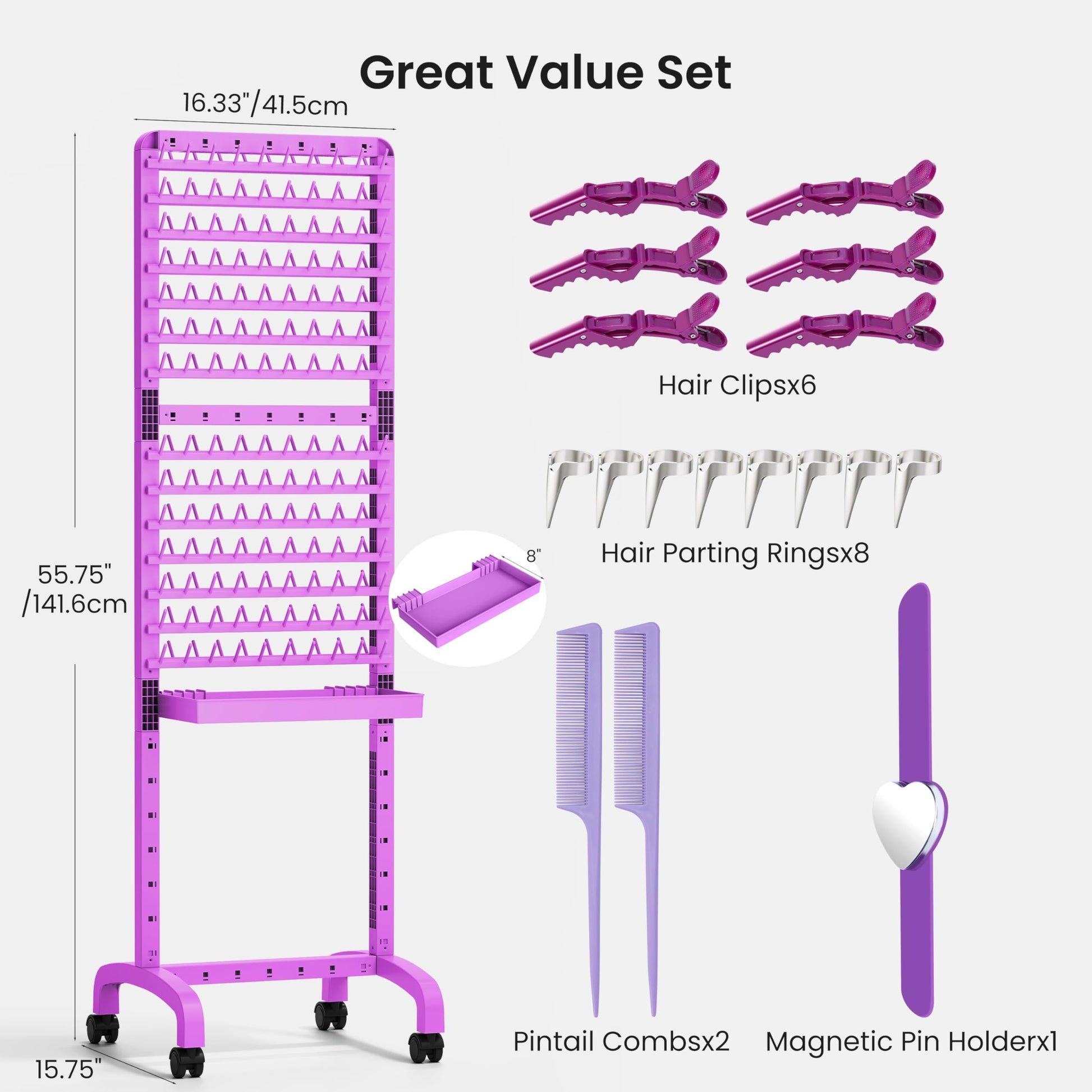 Pink standing braider rack salon tray close up with sectioning clips and tools