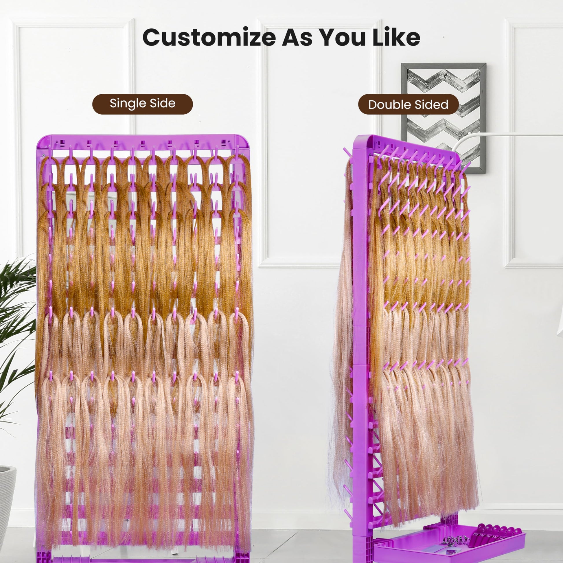 Height adjustable hair separator stand side profile showing heavy duty metal base