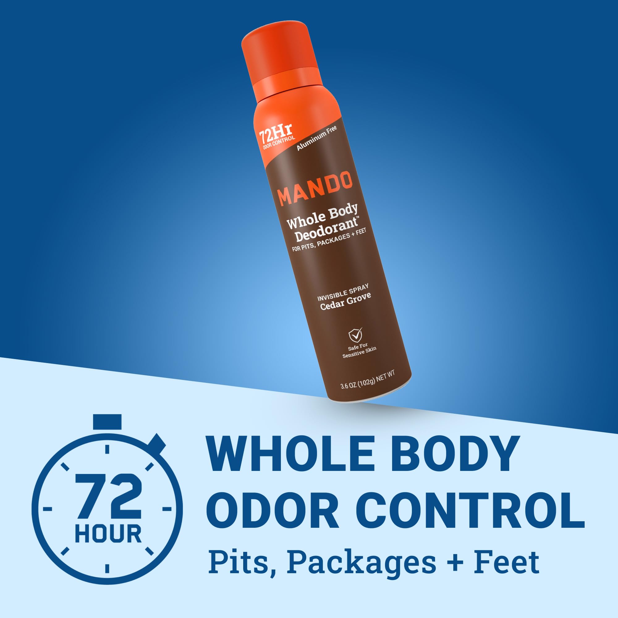 Mando invisible spray deodorant package details showing seventy-two hour odor control label