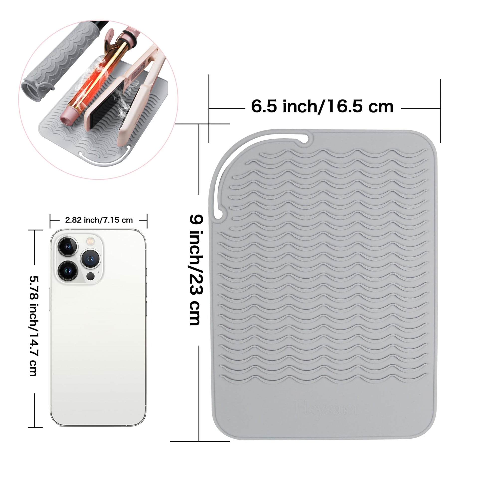 Flexible premium silicone hair styling station mat protecting wooden countertop