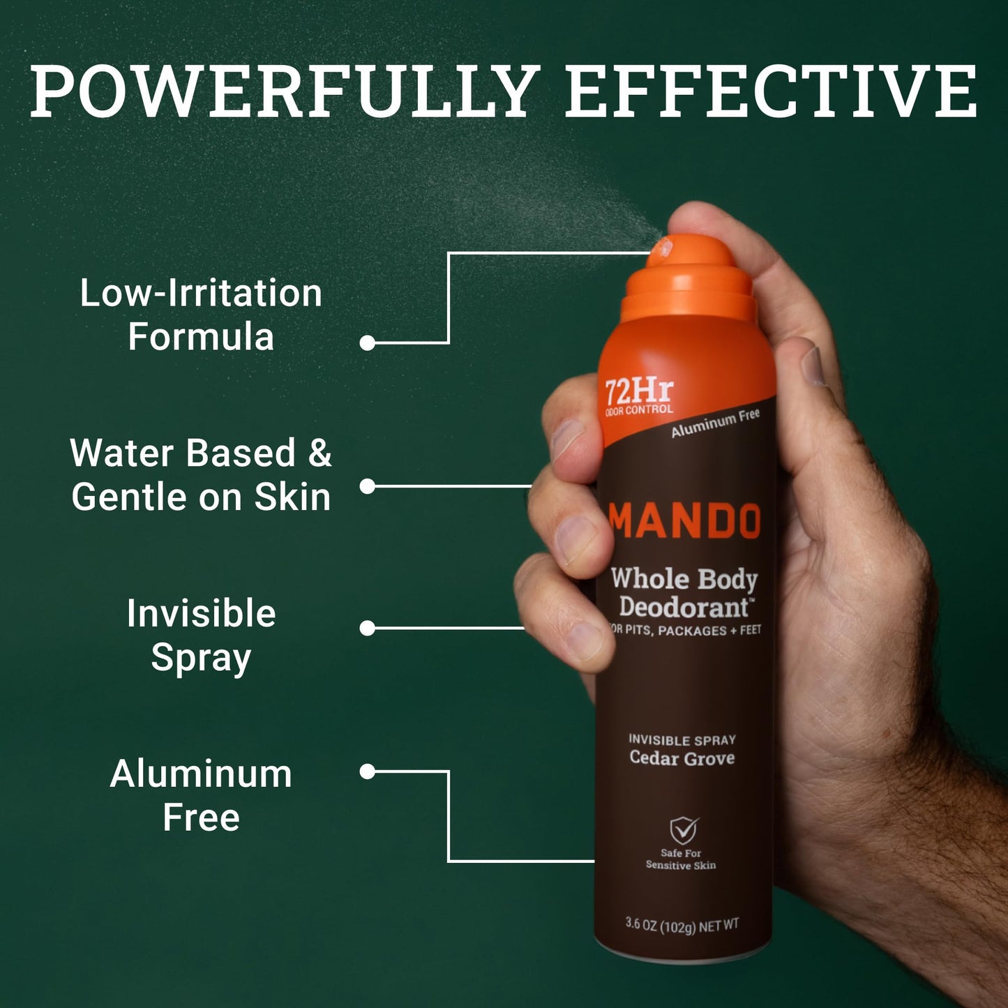 Back label of Mando aluminum free spray deodorant detailing skin safe low irritation benefits