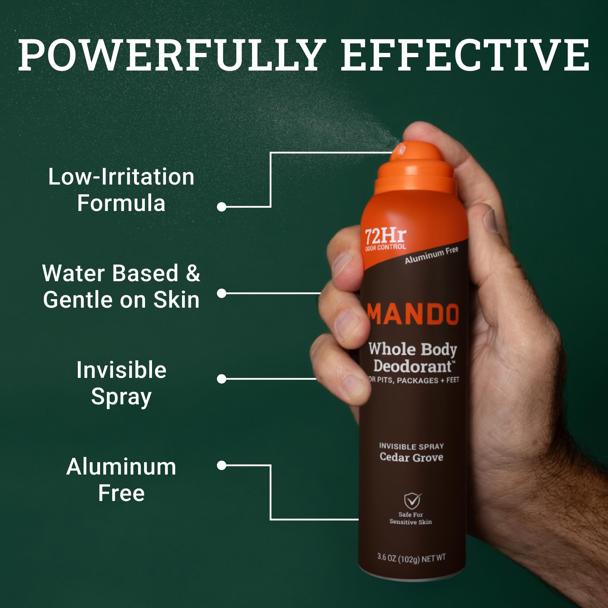 Back label of Mando aluminum free spray deodorant detailing skin safe low irritation benefits