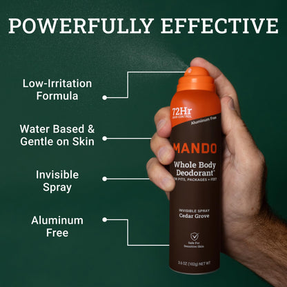 Back label of Mando aluminum free spray deodorant detailing skin safe low irritation benefits