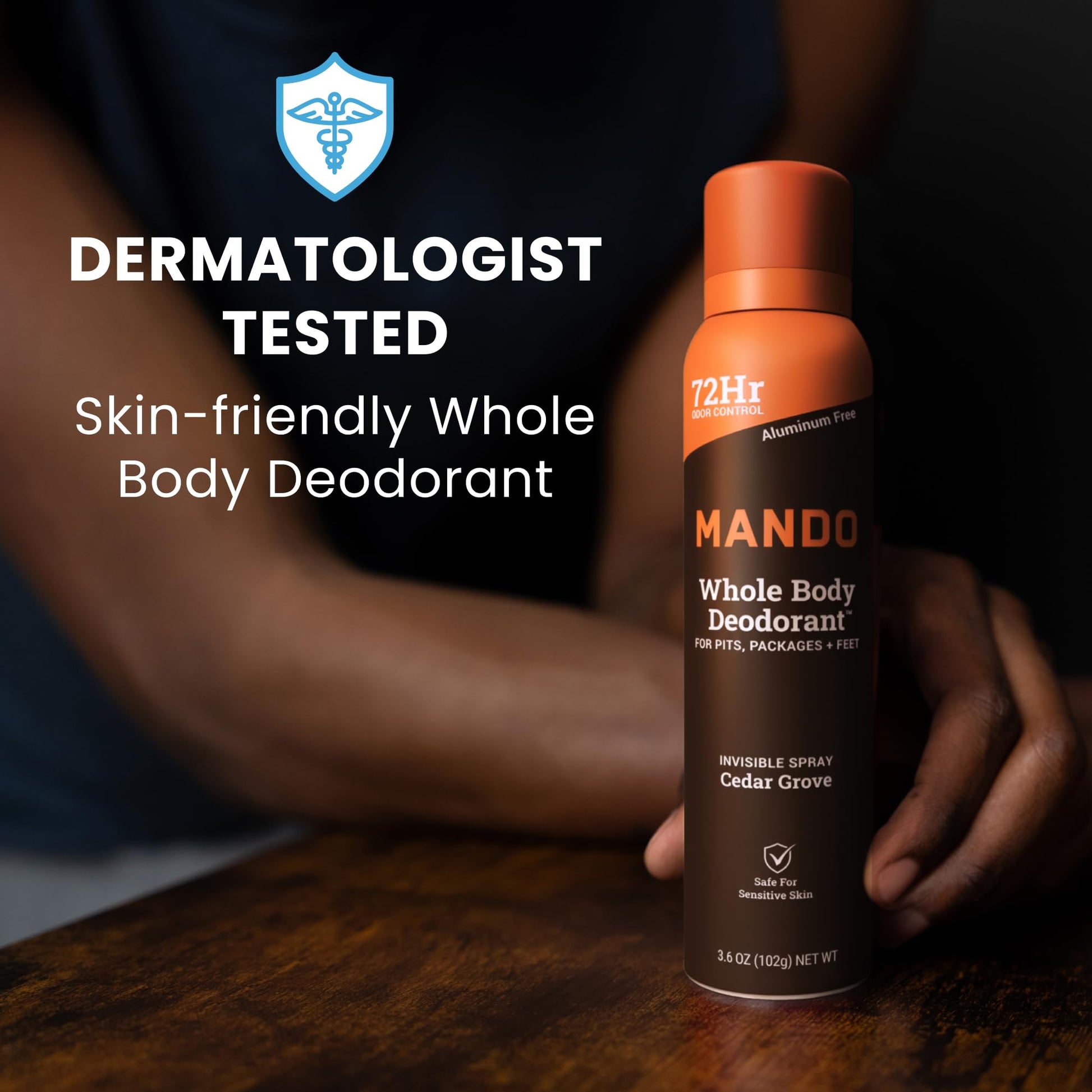 Premium Mando whole body invisible deodorant spray setup emphasizing its travel friendly size