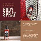 18.21 Man Made Sweet Tobacco body spray 3.4 Ounce travel friendly packaging close up