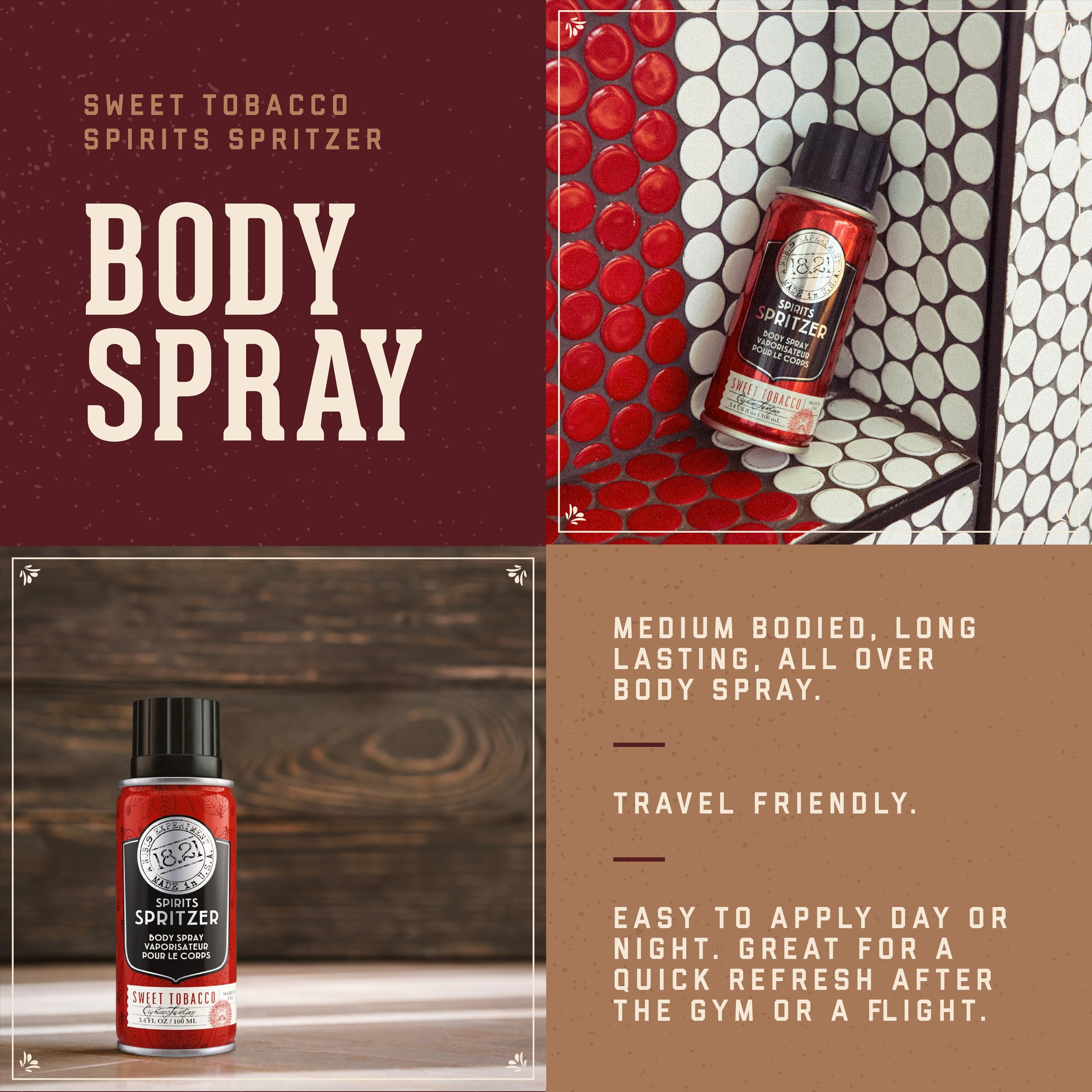 18.21 Man Made Sweet Tobacco body spray 3.4 Ounce travel friendly packaging close up