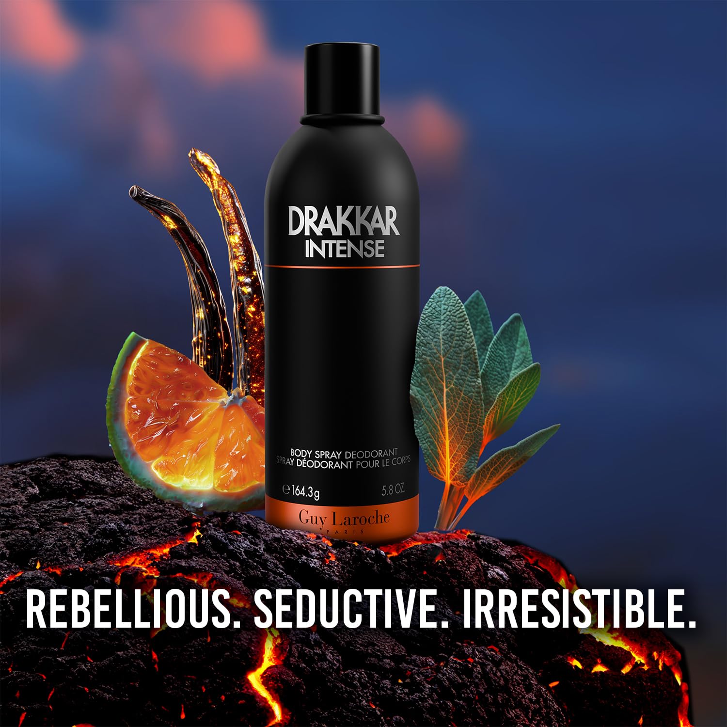 Guy Laroche Drakkar Intense ambery fougere fragrance container showing product details and sizing