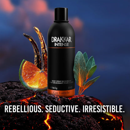 Guy Laroche Drakkar Intense ambery fougere fragrance container showing product details and sizing