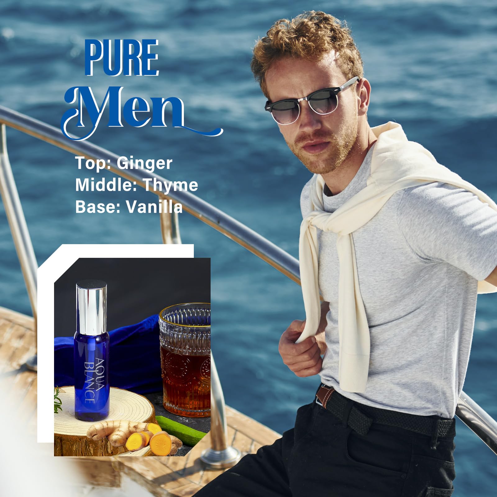 Aqua Blance mens fragrance mist bottles showing Crimson Ember, Aqua Reverie, and Woodland Noir variants.