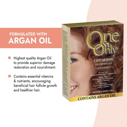 Self heating formula activator lotion and neutralizer bottles included in the One 'N Only hair perm kit