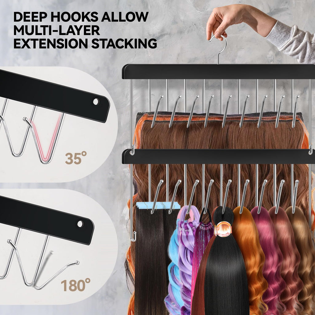 Close up of nine deep stainless steel hooks holding premium wefts