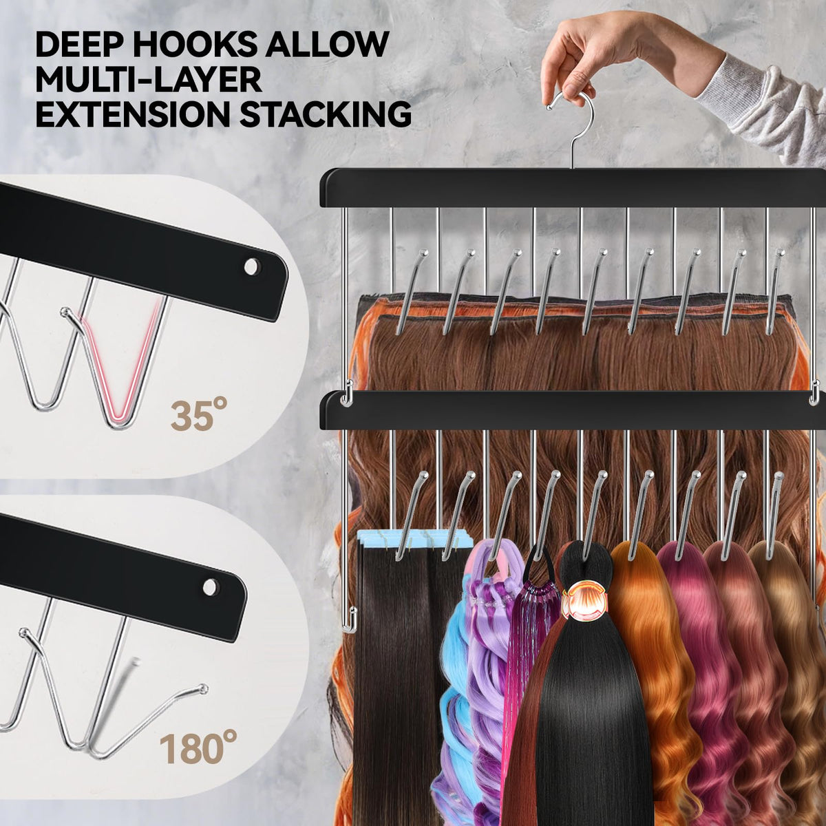Close up of nine deep stainless steel hooks holding premium wefts
