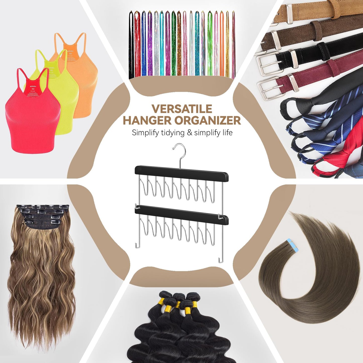 Natural hardwood hairpiece organizer holding blonde and brunette extensions separately