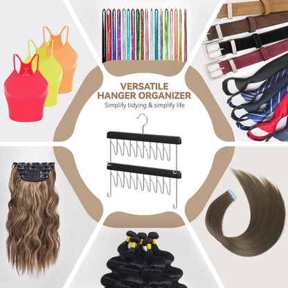 Natural hardwood hairpiece organizer holding blonde and brunette extensions separately