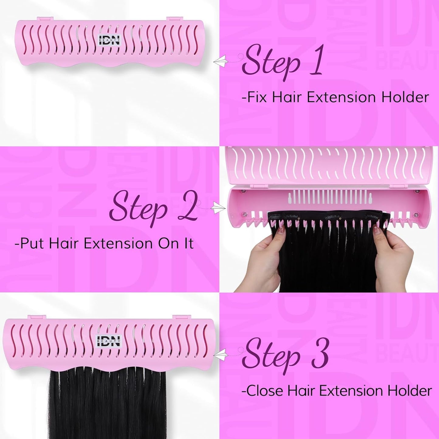 Hands free hair extension organizer holding long straight hair strands