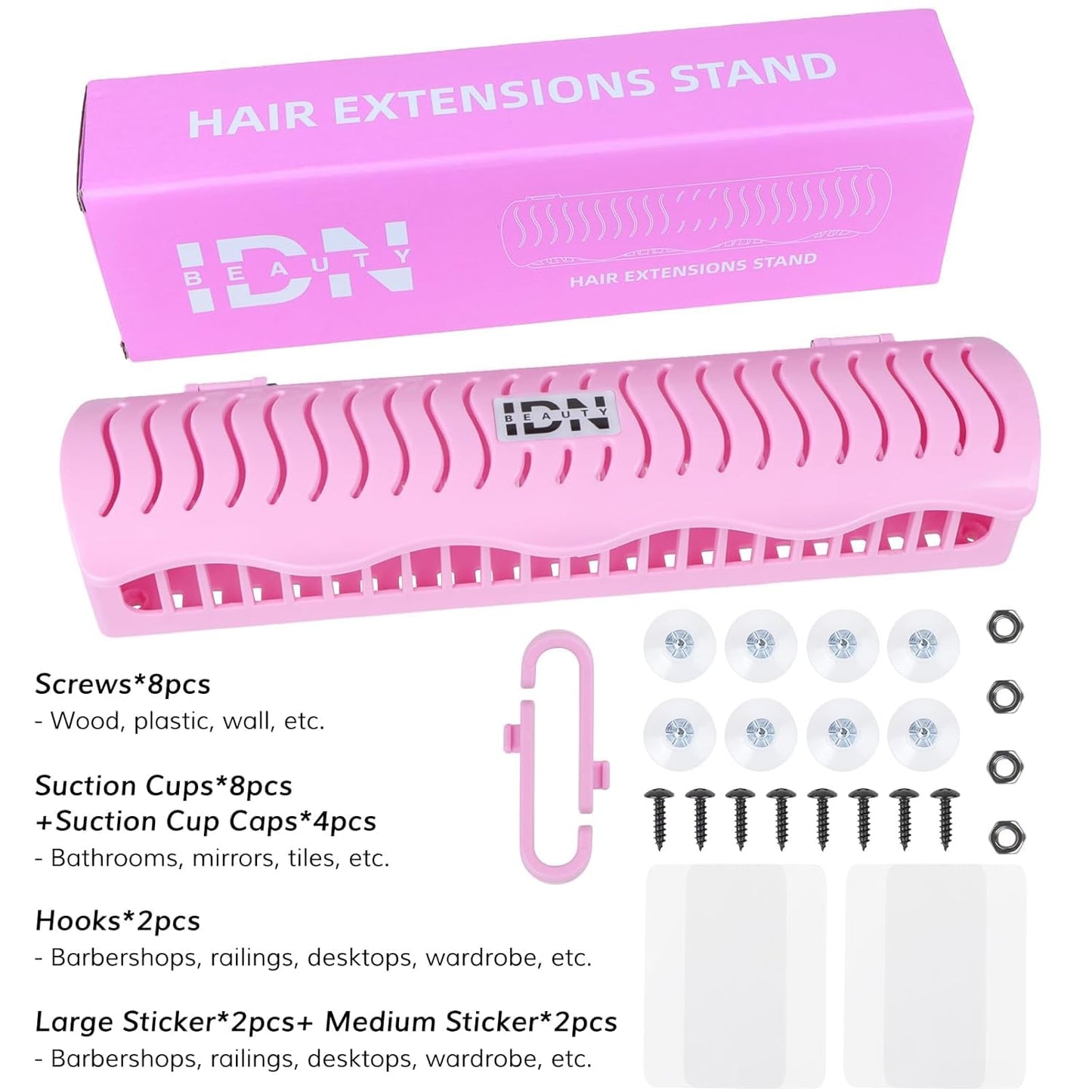 Durable pink wig and extension storage tool showing wall mounts