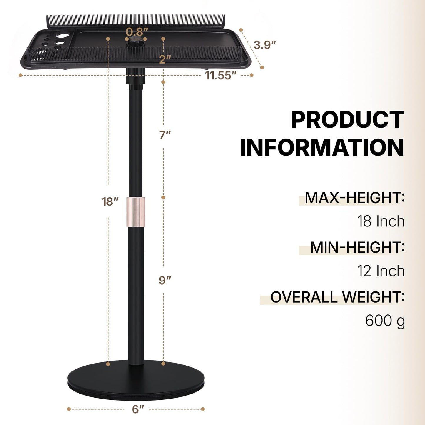Adjustable height tripod hair organizer with double sided high capacity comb tray.