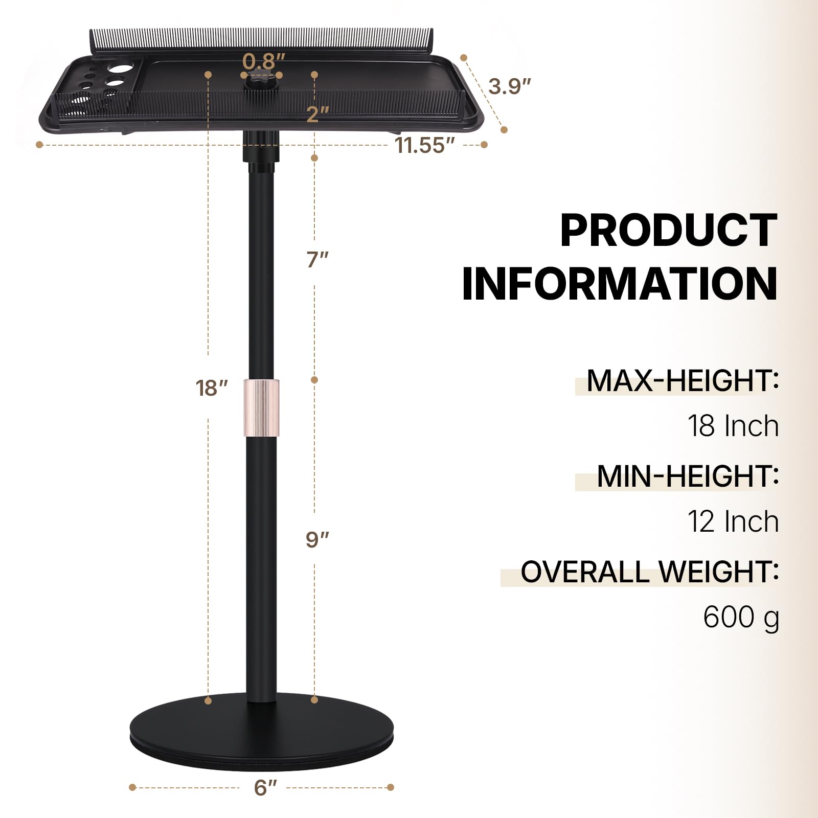 Adjustable height tripod hair organizer with double sided high capacity comb tray.