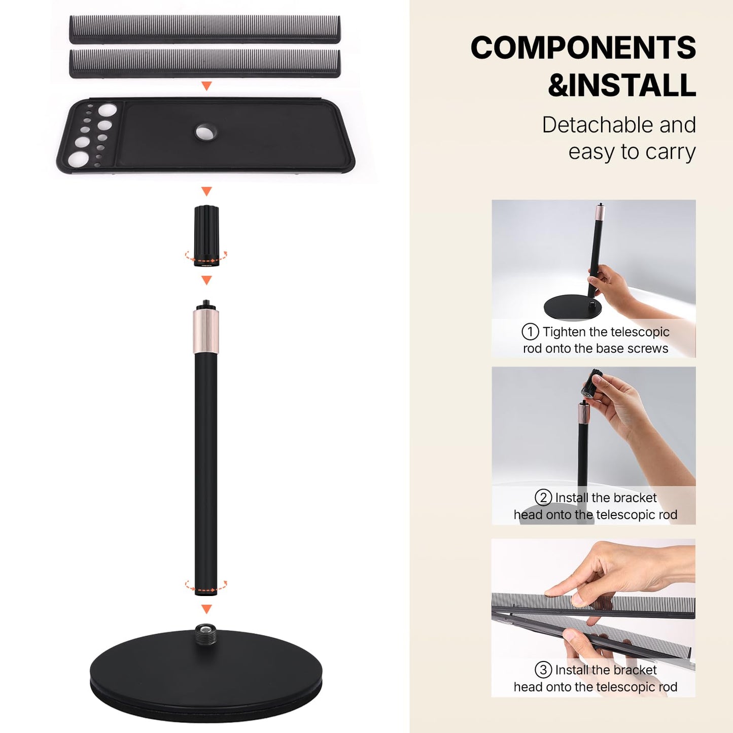 Portable storage display rack with hair extensions and styling tools attached.