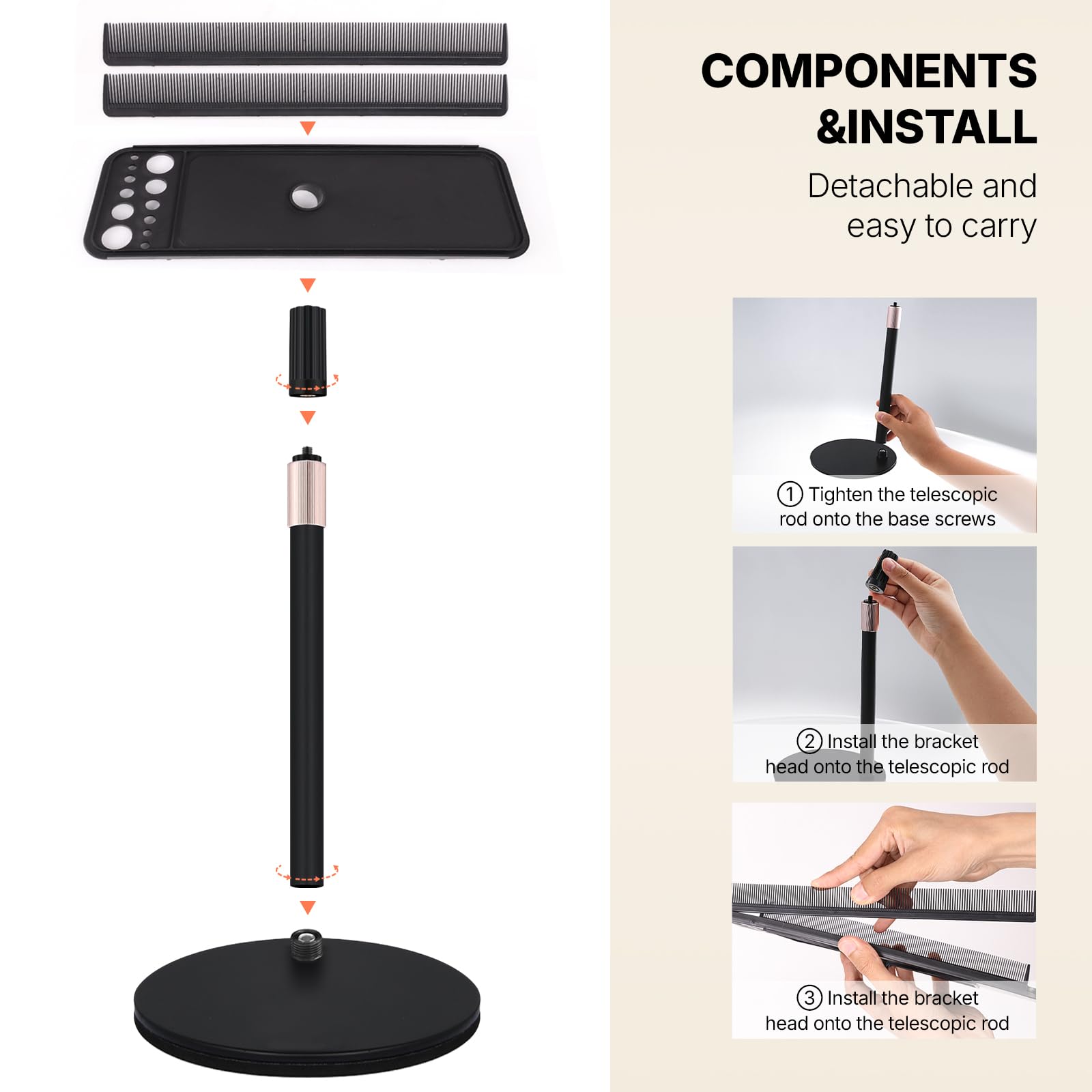 Portable storage display rack with hair extensions and styling tools attached.