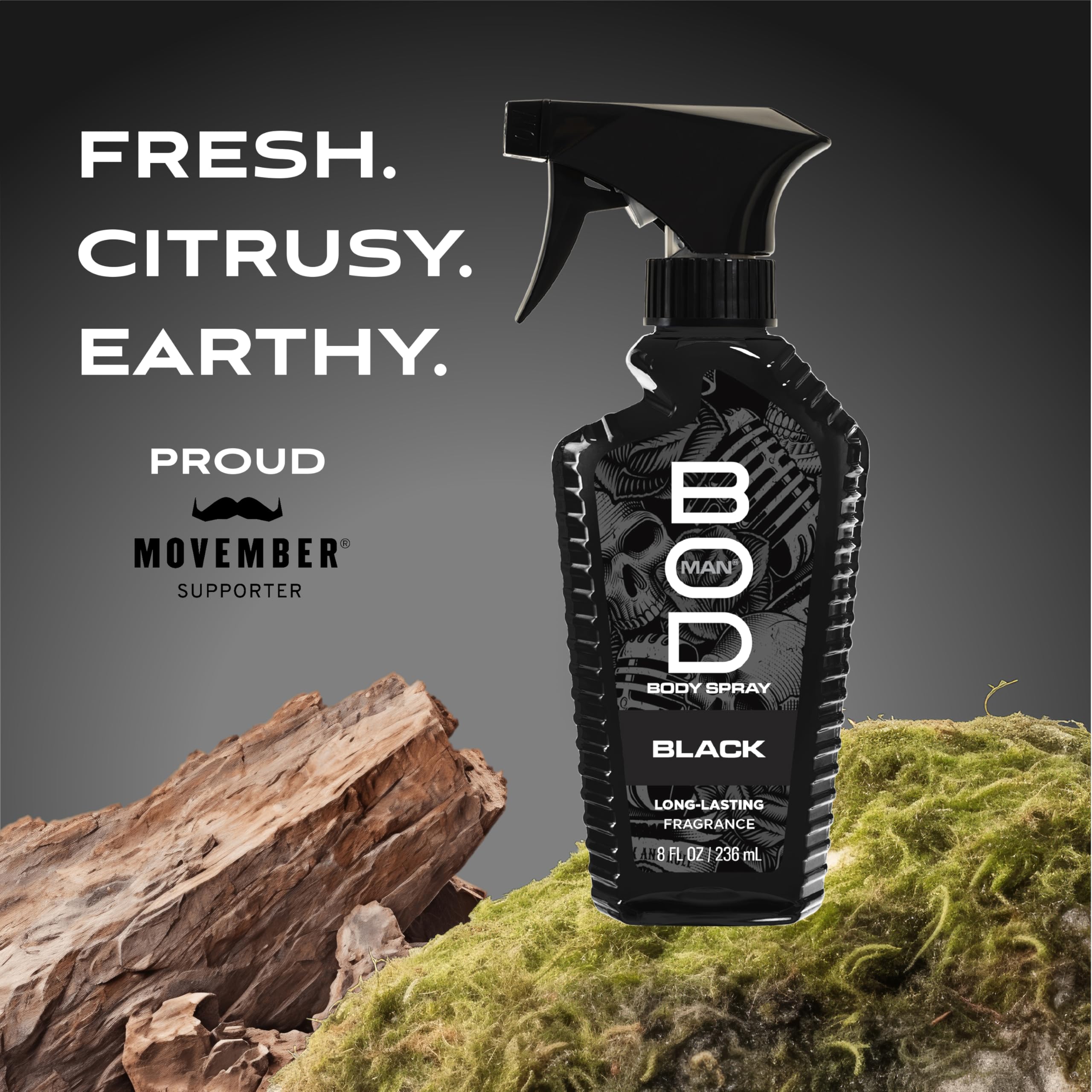 Close up of BOD Man Black eight fluid ounce fragrance spray bottles