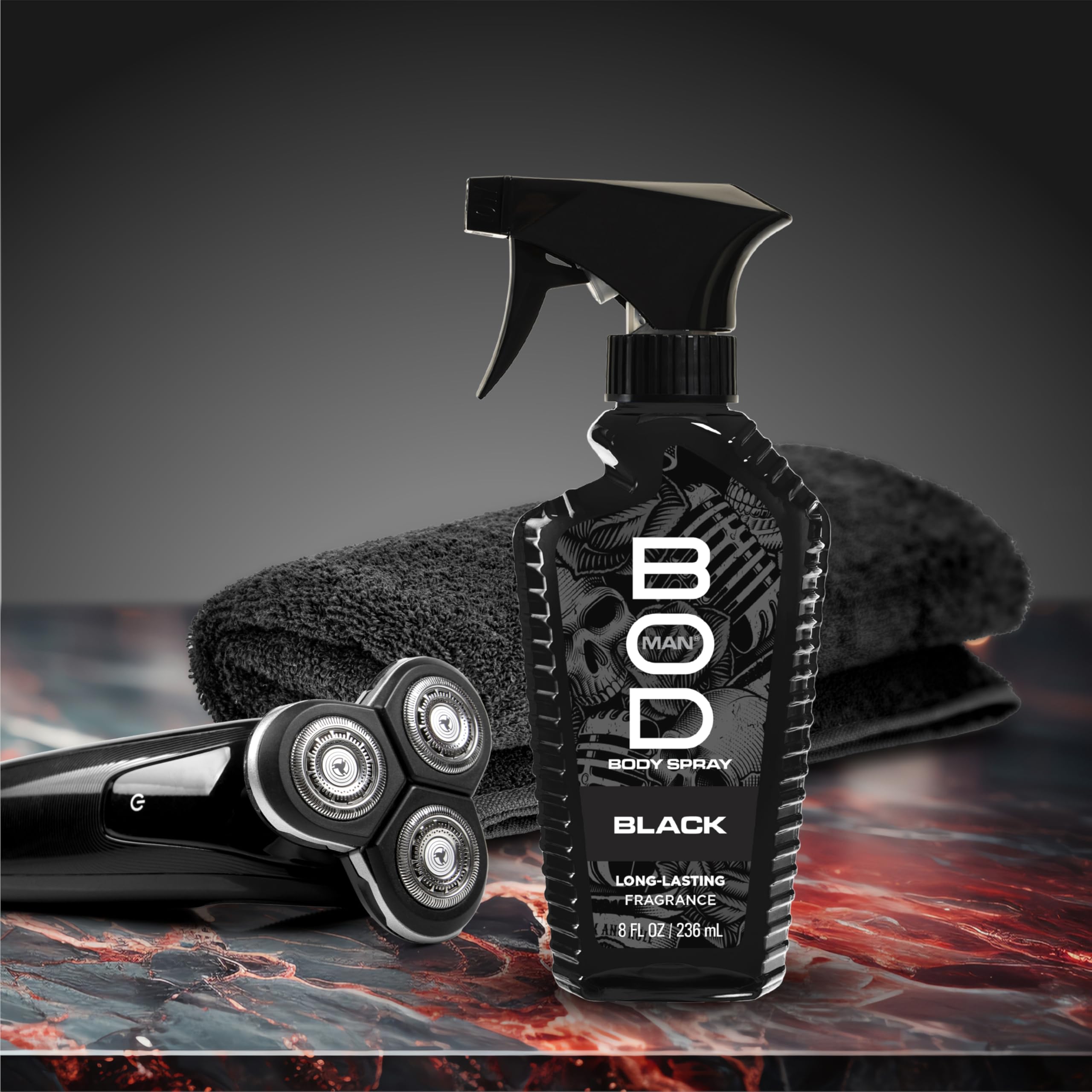 Two bottles of BOD Man Black fragrance showcasing the iconic spray grip
