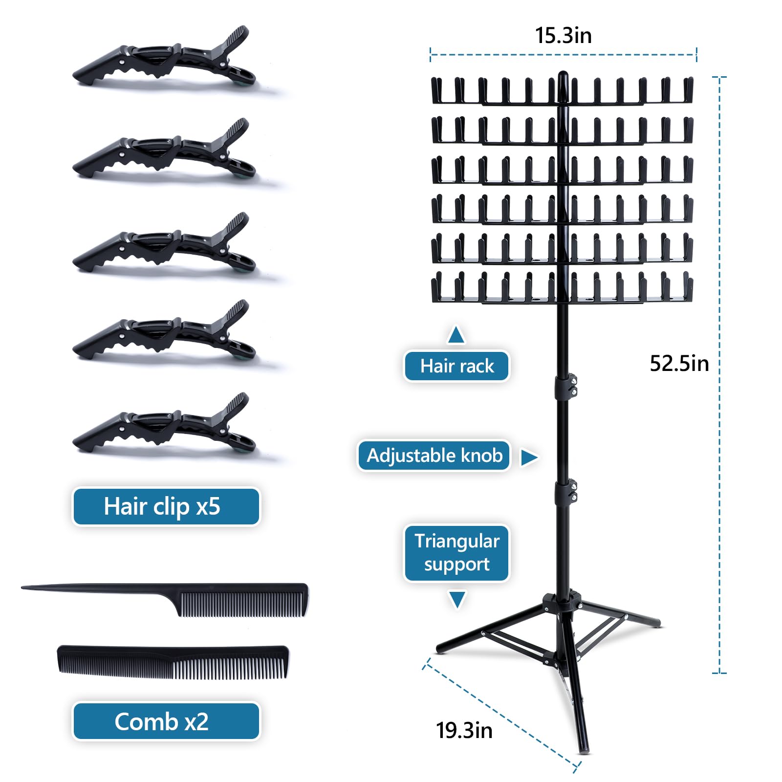 Height adjustable tripod base of the black hair extension holder stand adjusted for sitting position.