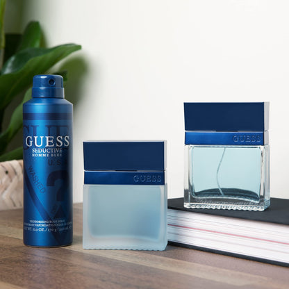 Back label view of the 6 Ounce Guess Seductive Homme Blue aerosol spray detailing ingredients and official instructions