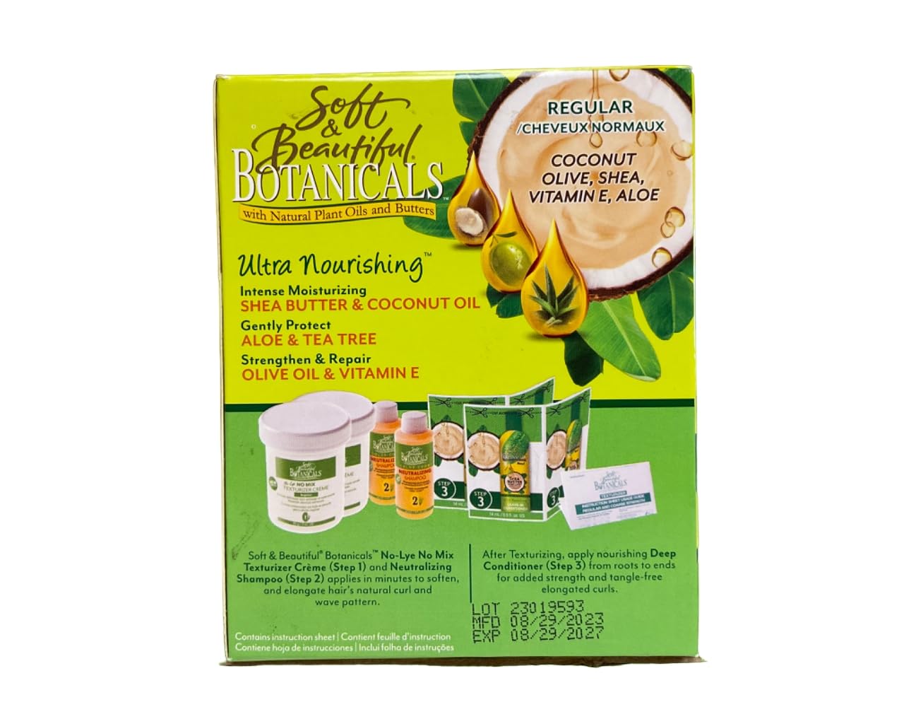 Side view of Soft And Beautiful Botanicals hair texturizer boxes highlighting the natural plant extracts ingredients list.