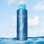 Back label of Nautica Pure Blue body spray detailing the full ingredients list and instructions