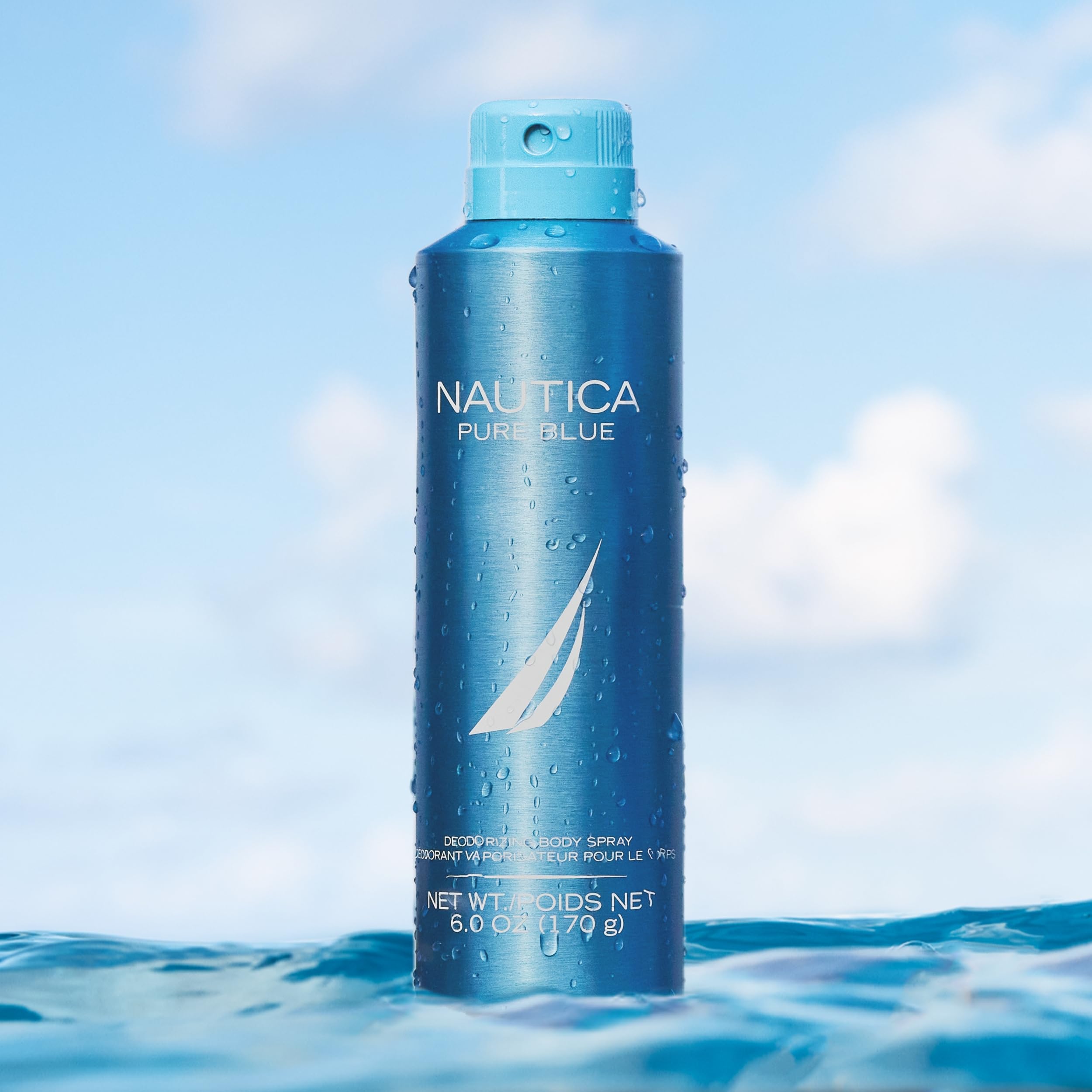 Back label of Nautica Pure Blue body spray detailing the full ingredients list and instructions