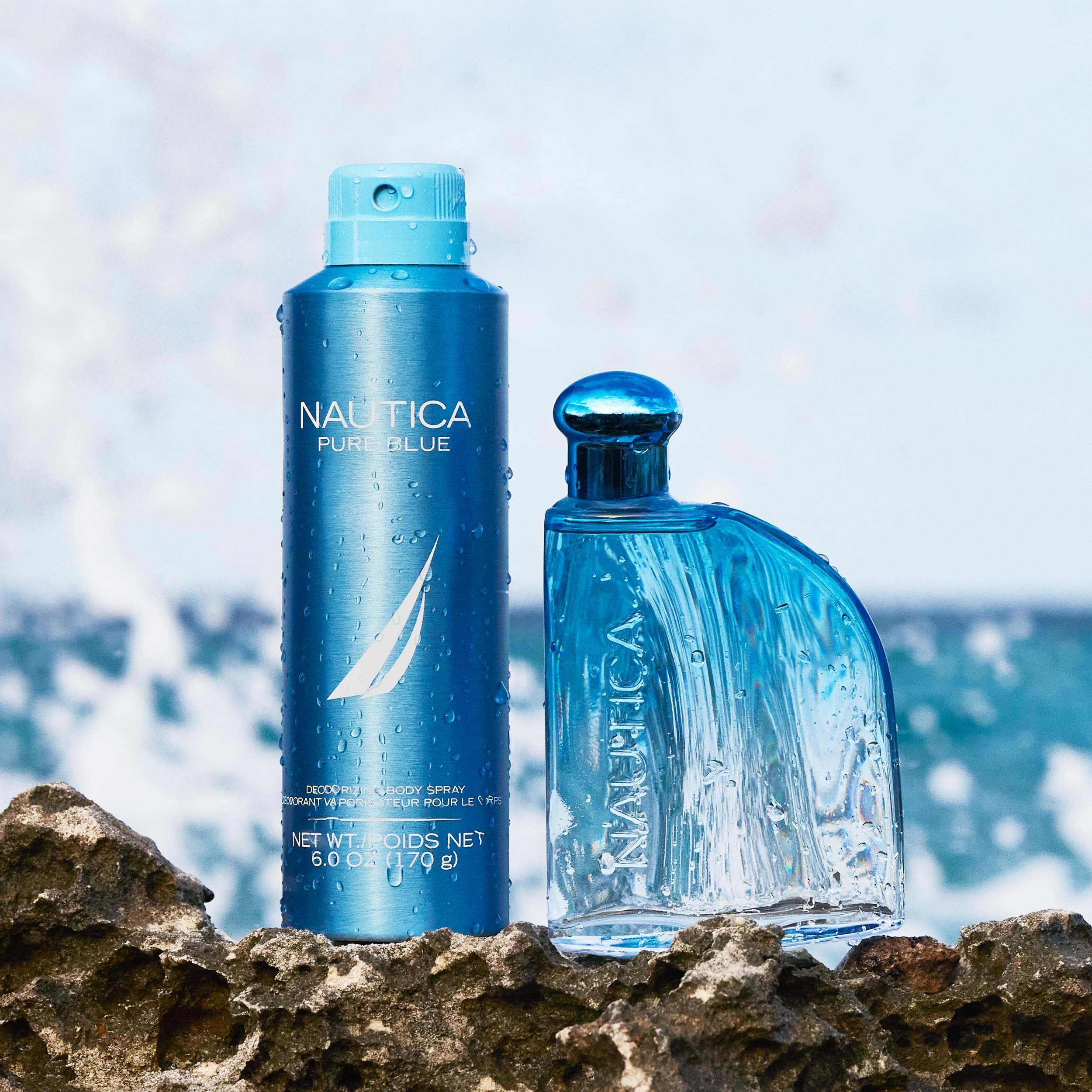 Authentic USA imported Nautica Pure Blue deodorizing body spray container on a clean background
